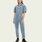 Washed Denim Jumpsuit With Balloon Sleeves