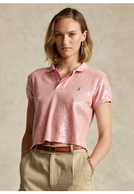 Sequined Crop Mesh Polo Shirt