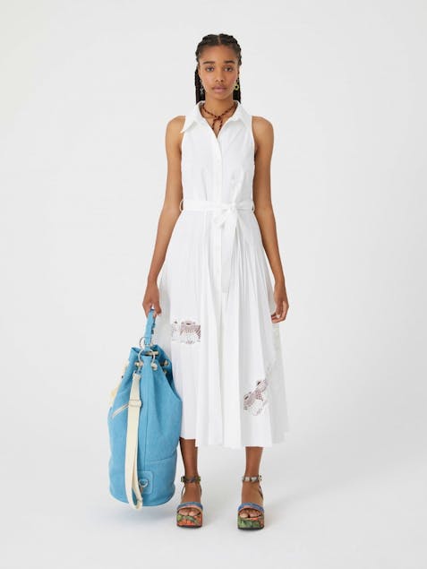 BEATRICE - Long Pleated White Dress With Lace Incerts