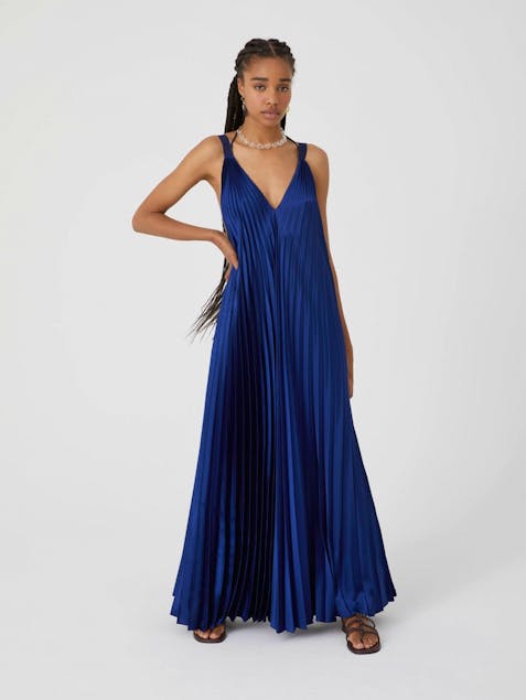 BEATRICE - Blue Long Satin Pleated Dress