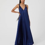 Blue Long Satin Pleated Dress