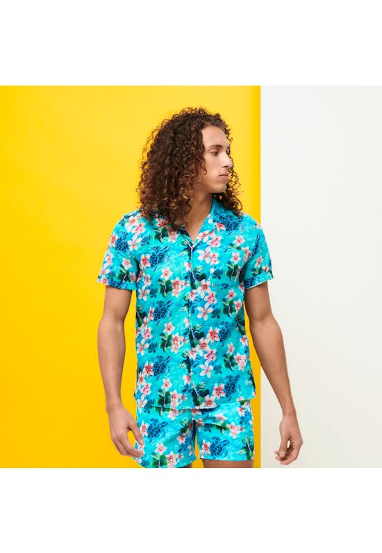 Bowling Shirt Linen And Cotton Turtles Jungle