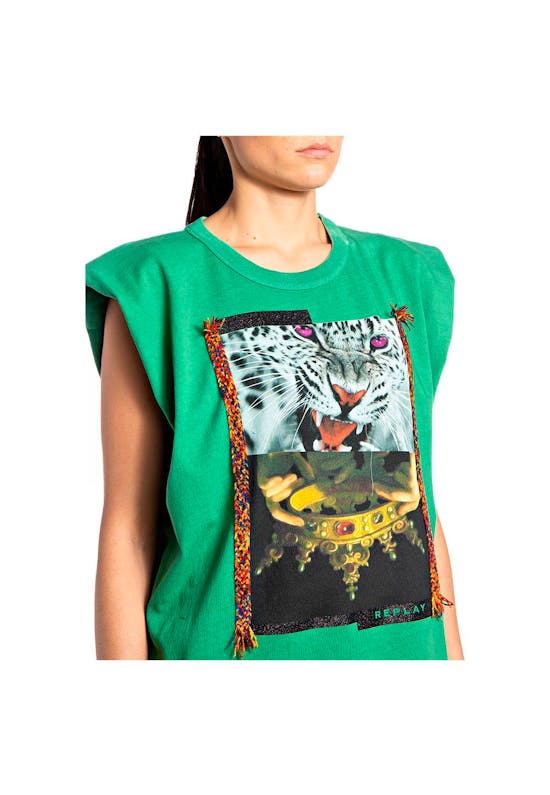 Sleeveless T-Shirt With Print and Embroidery