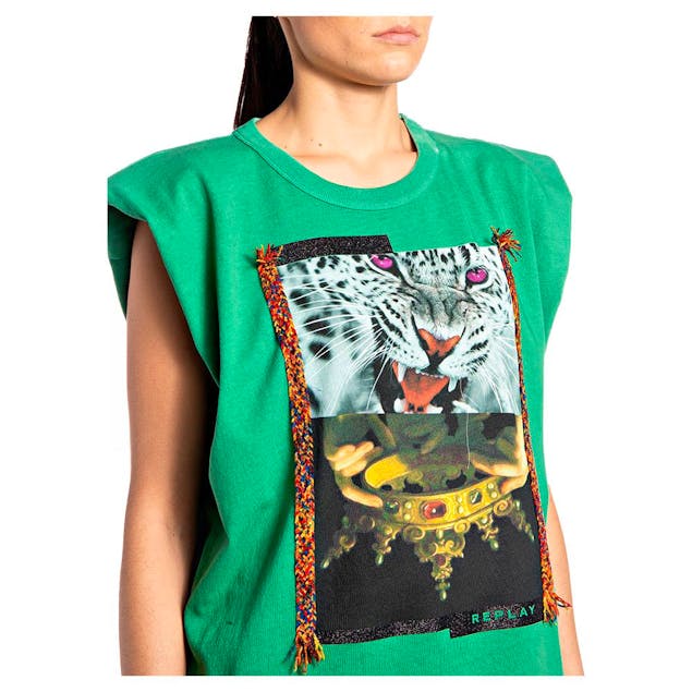 REPLAY - Sleeveless T-Shirt With Print and Embroidery