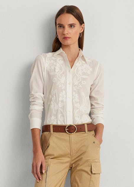 LAUREN RALPH LAUREN - Embroidered Shadow-Stripe Cotton Shirt