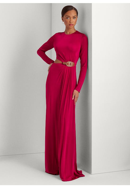 Buckle-Trim Jersey Cutout Gown