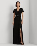 Belted Georgette Flutter-Sleeve Gown