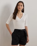 Stretch Cotton Elbow-Sleeve V-Neck Tee