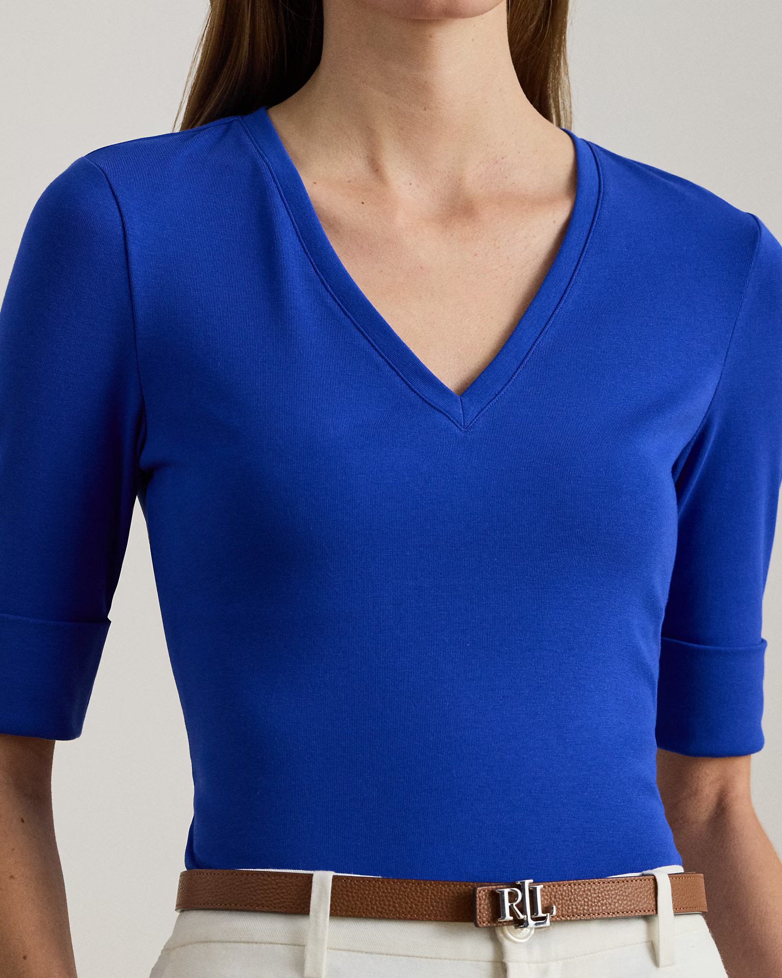 LAUREN RALPH LAUREN - Stretch Cotton Elbow-Sleeve V-Neck Tee