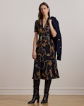 Print Belted Georgette Puff-Sleeve Dress