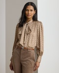 Geo-Print Twill Tie-Neck Blouse