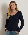 Rib-Knit Long-Sleeve Scoopneck Tee