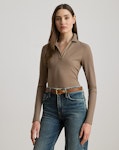 Rib-Knit Long-Sleeve Polo Top
