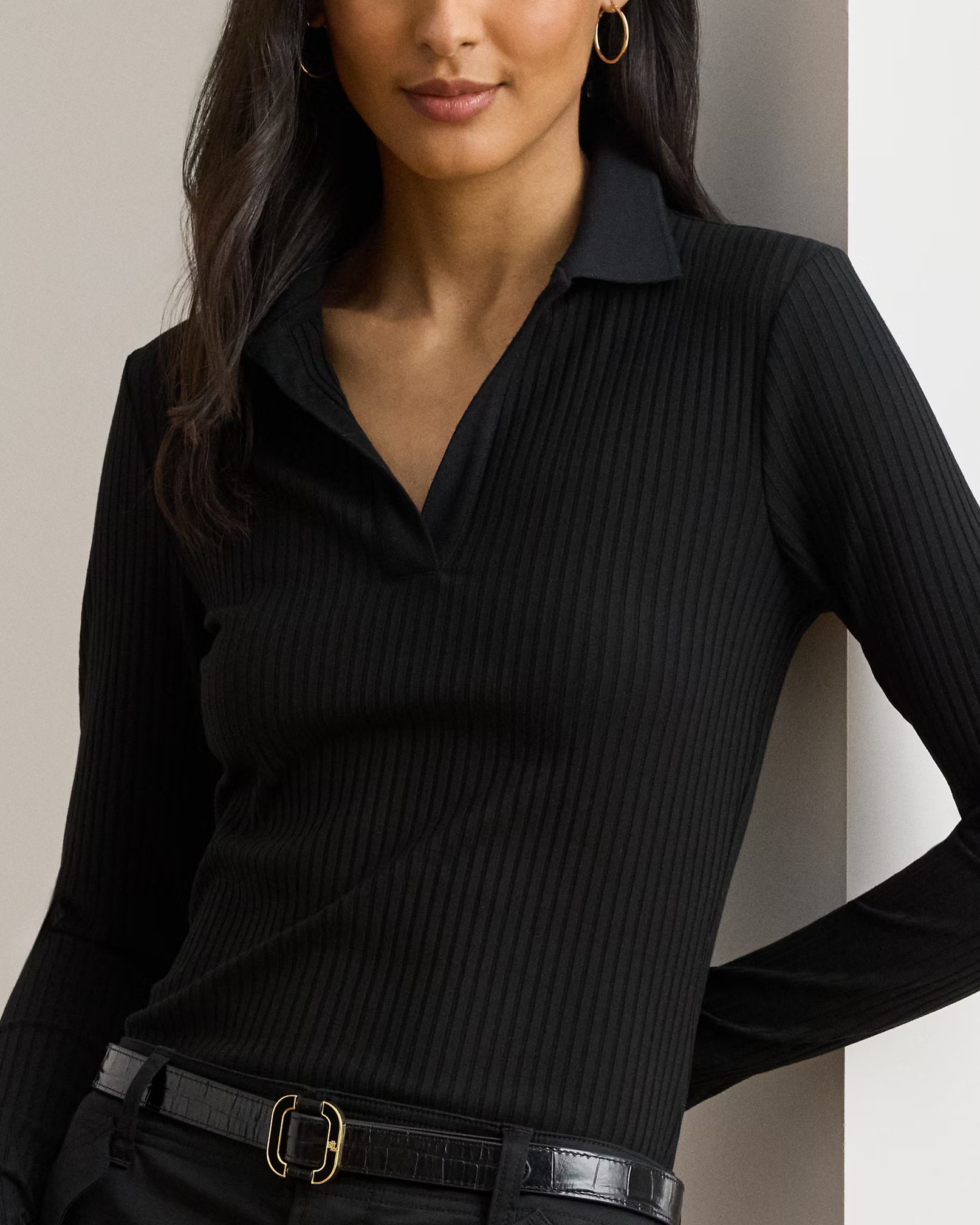 LAUREN RALPH LAUREN - Rib-Knit Long-Sleeve Polo Top