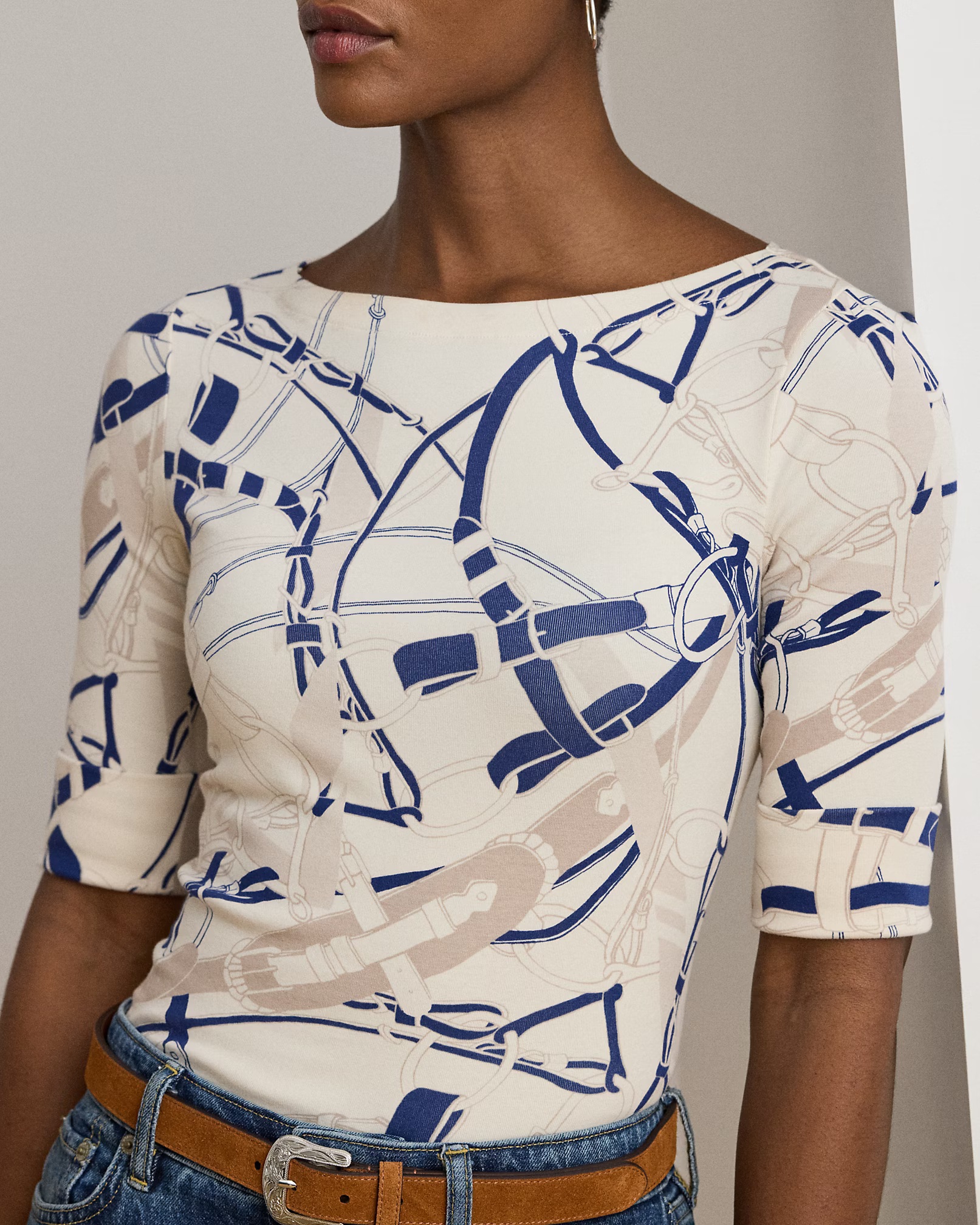 LAUREN RALPH LAUREN - Belting-Print Cotton Boatneck Tee