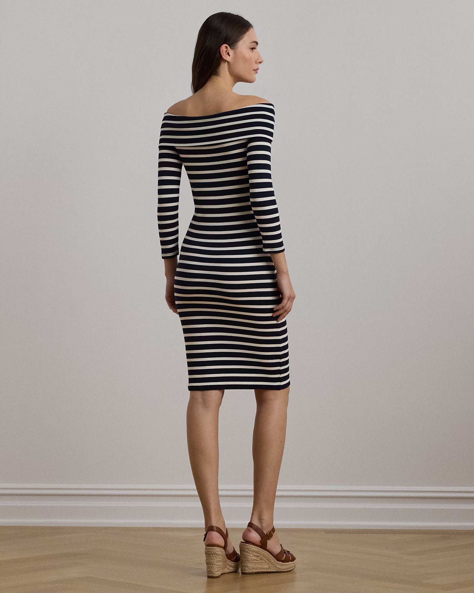 LAUREN RALPH LAUREN - Striped Ribbed Off-the-Shoulder Dress