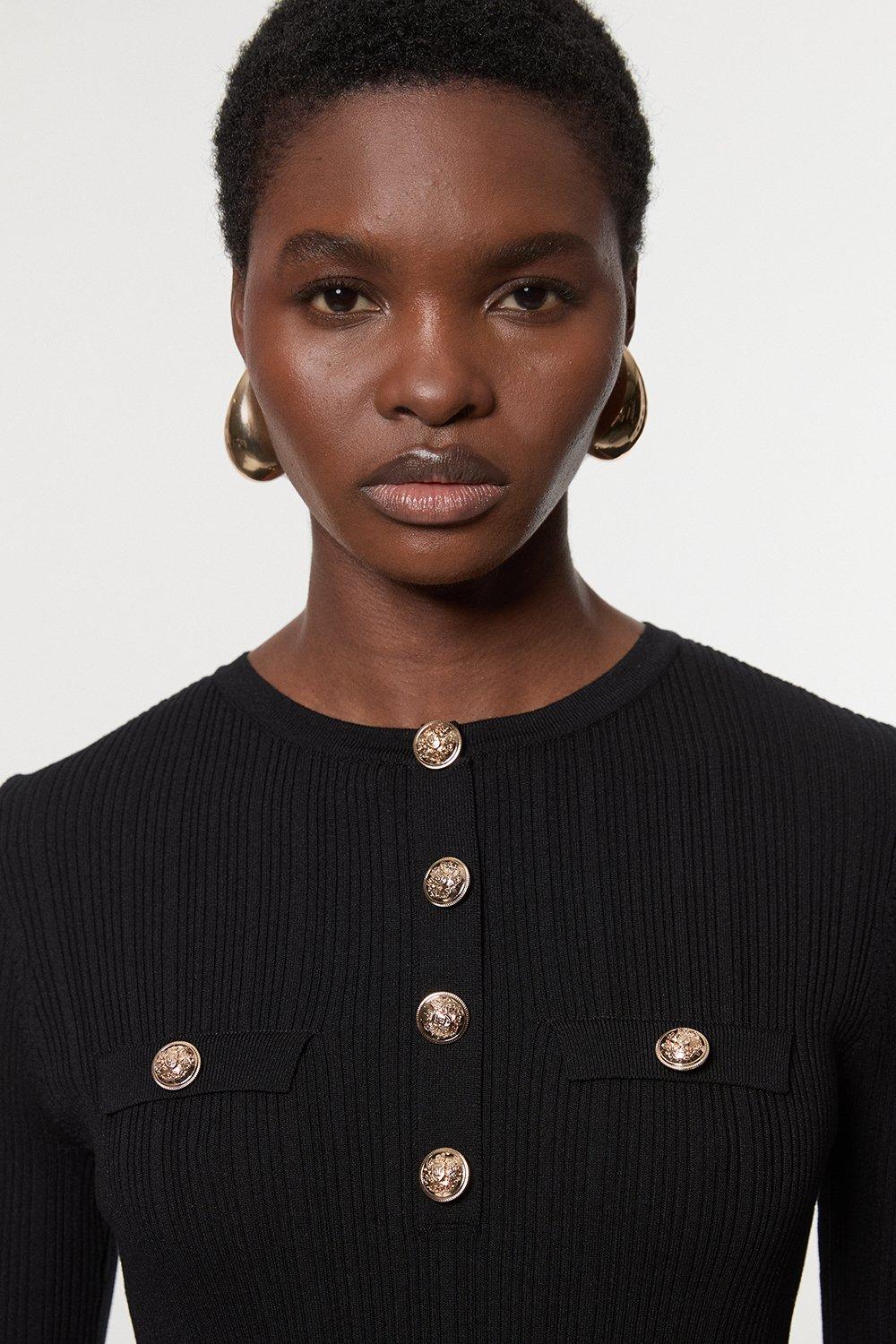 KAREN MILLEN - Military Trim Rib Long Sleeve Knit Top