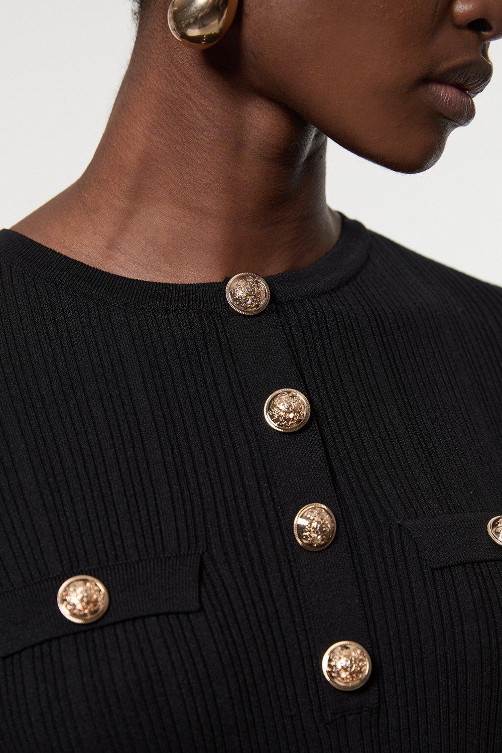 KAREN MILLEN - Military Trim Rib Long Sleeve Knit Top