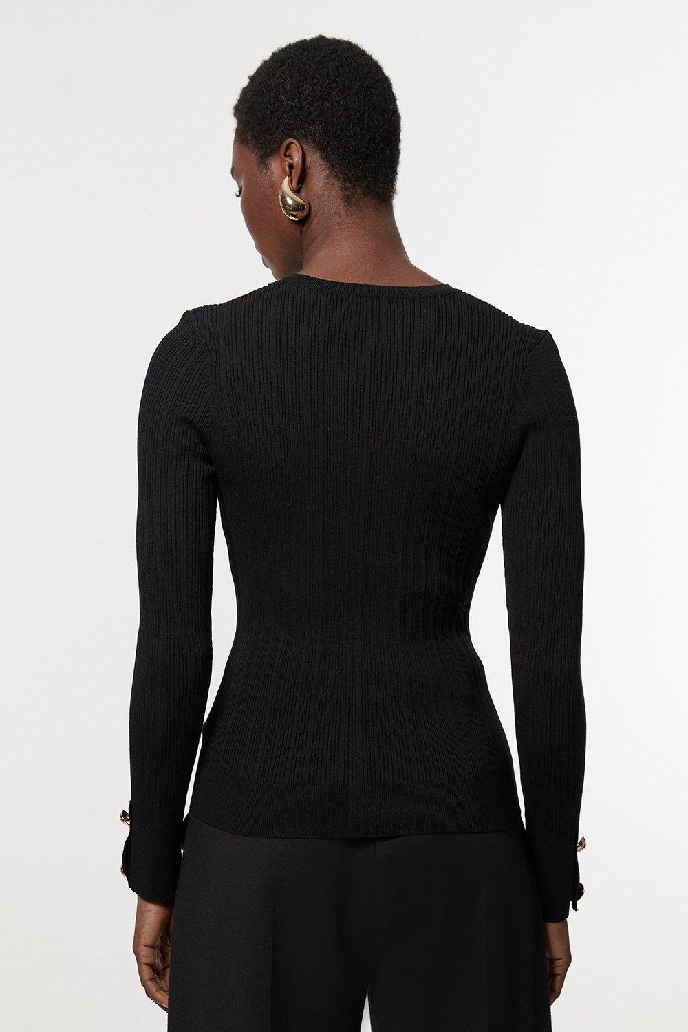 KAREN MILLEN - Military Trim Rib Long Sleeve Knit Top