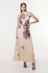Floral Applique Woven Halter Neck Maxi Dress
