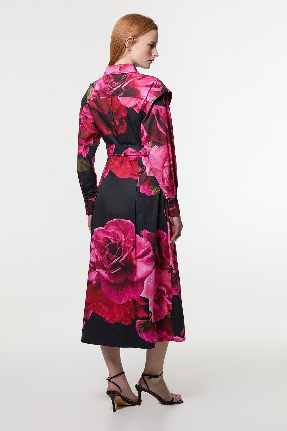 KAREN MILLEN - Placed Floral Cotton Sateen Shirt Dress