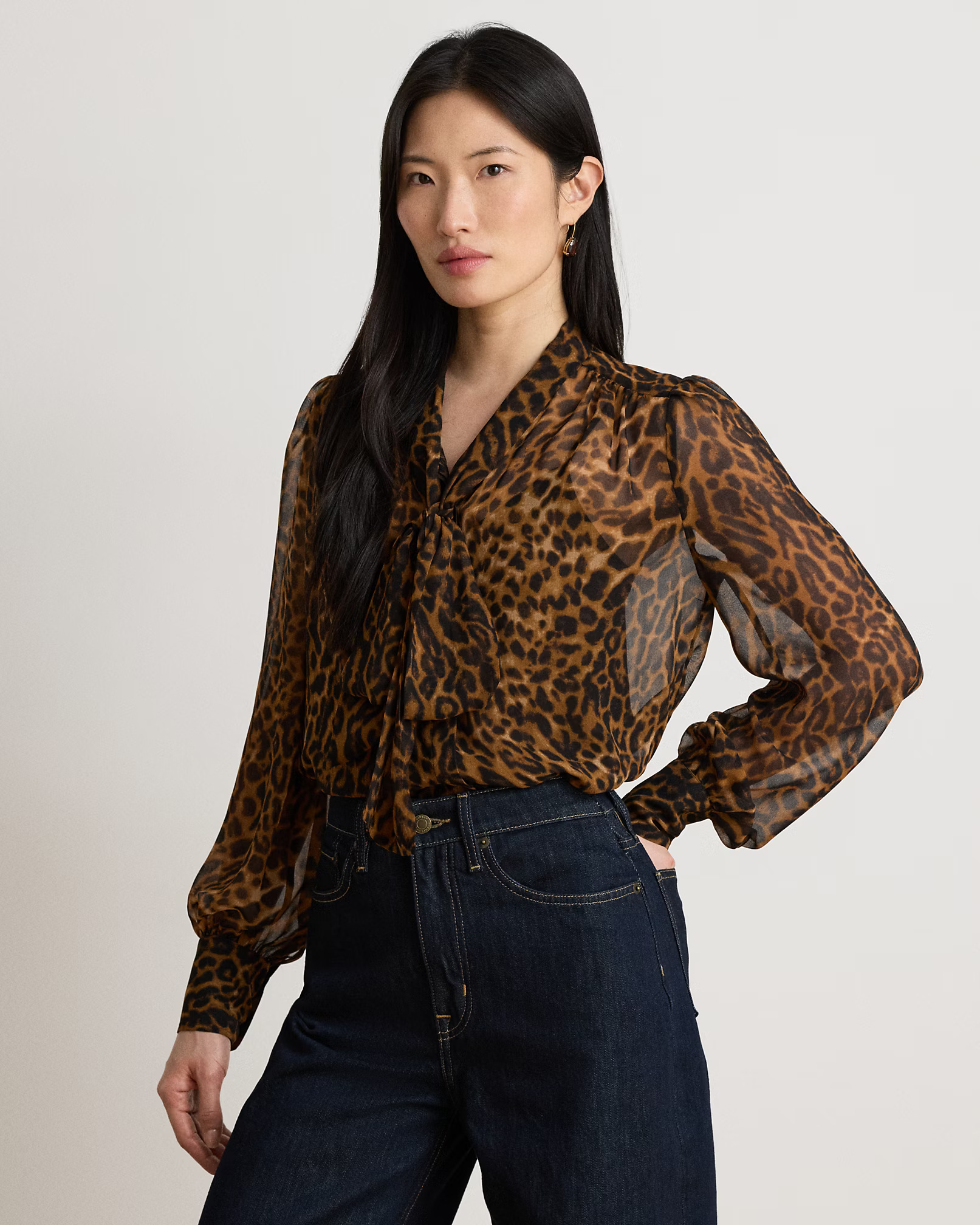 LAUREN RALPH LAUREN - Ocelot-Print Chiffon Tie-Neck Blouse