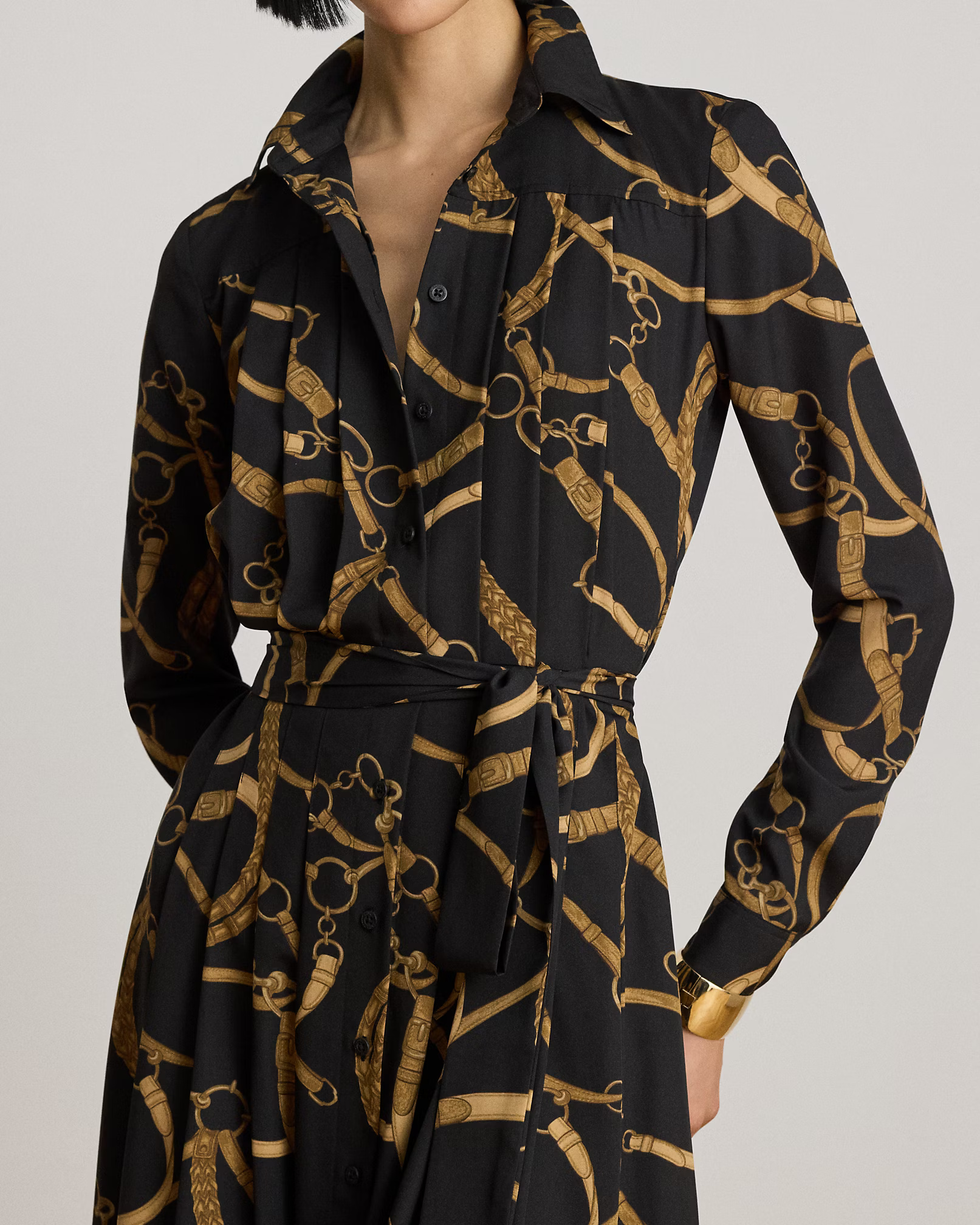 LAUREN RALPH LAUREN - Belting Print Pleated Crepe Shirt Dress