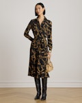 Belting Print Pleated Crepe Shirt Dress