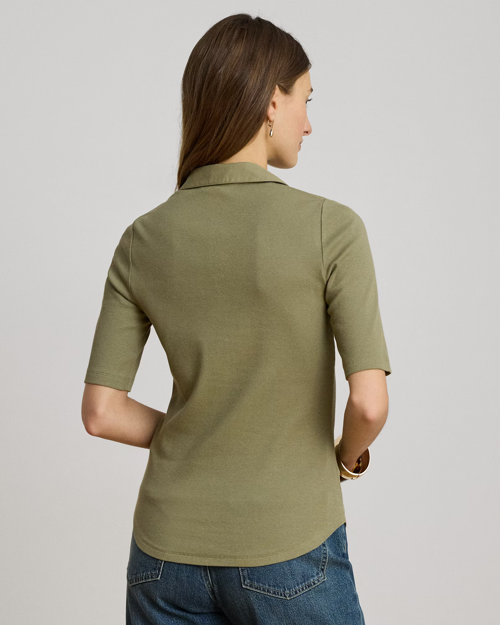 LAUREN RALPH LAUREN - Rib-Knit Elbow-Sleeve Collared Top