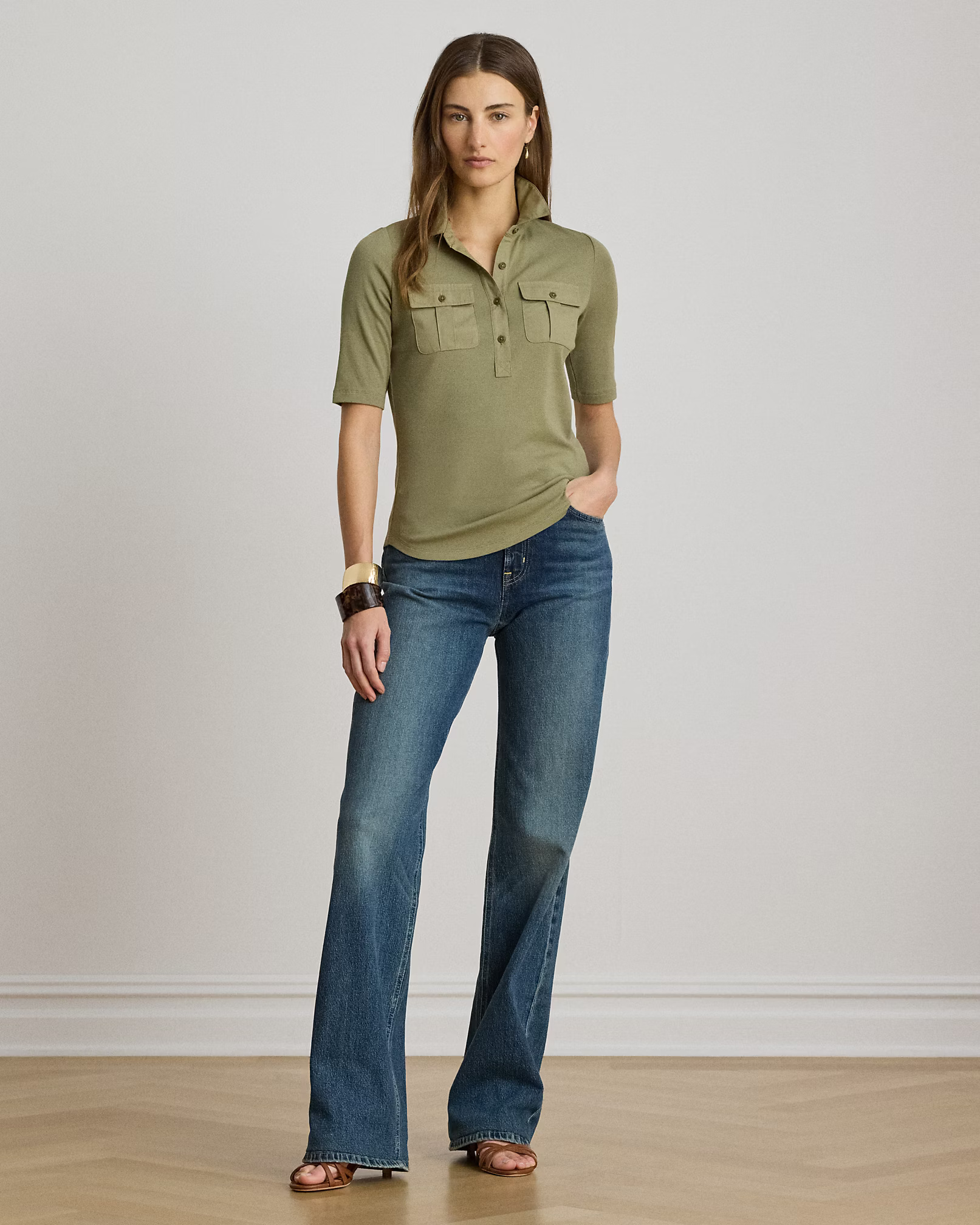 LAUREN RALPH LAUREN - Rib-Knit Elbow-Sleeve Collared Top