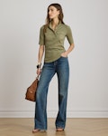 Rib-Knit Elbow-Sleeve Collared Top