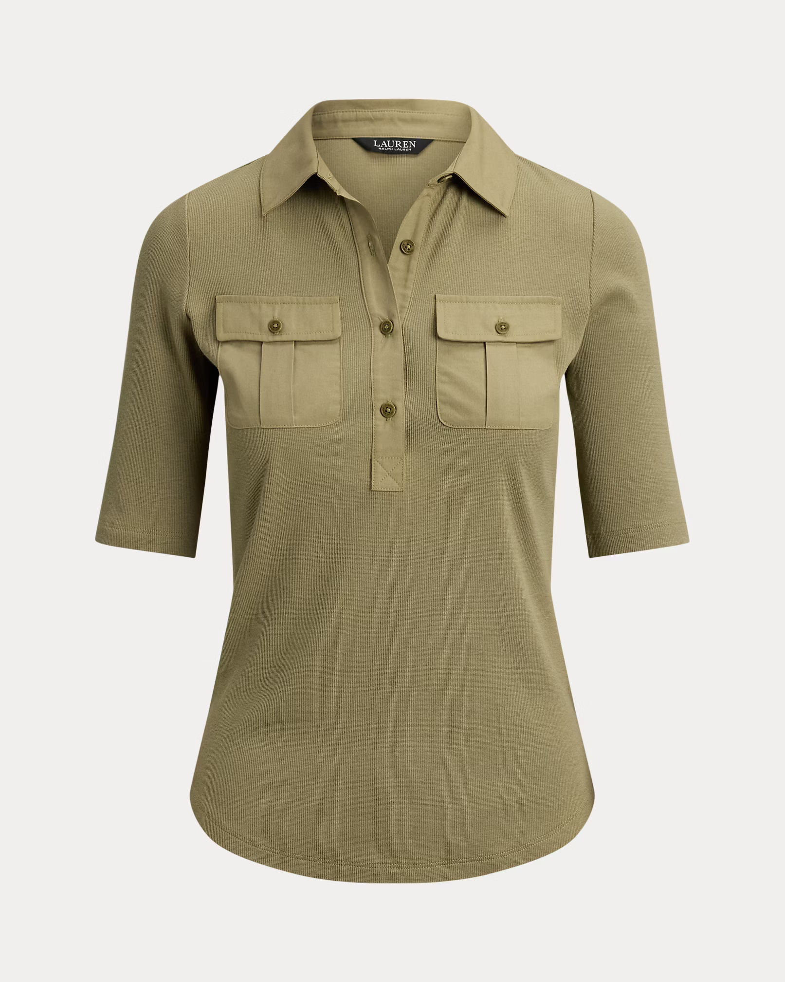 LAUREN RALPH LAUREN - Rib-Knit Elbow-Sleeve Collared Top