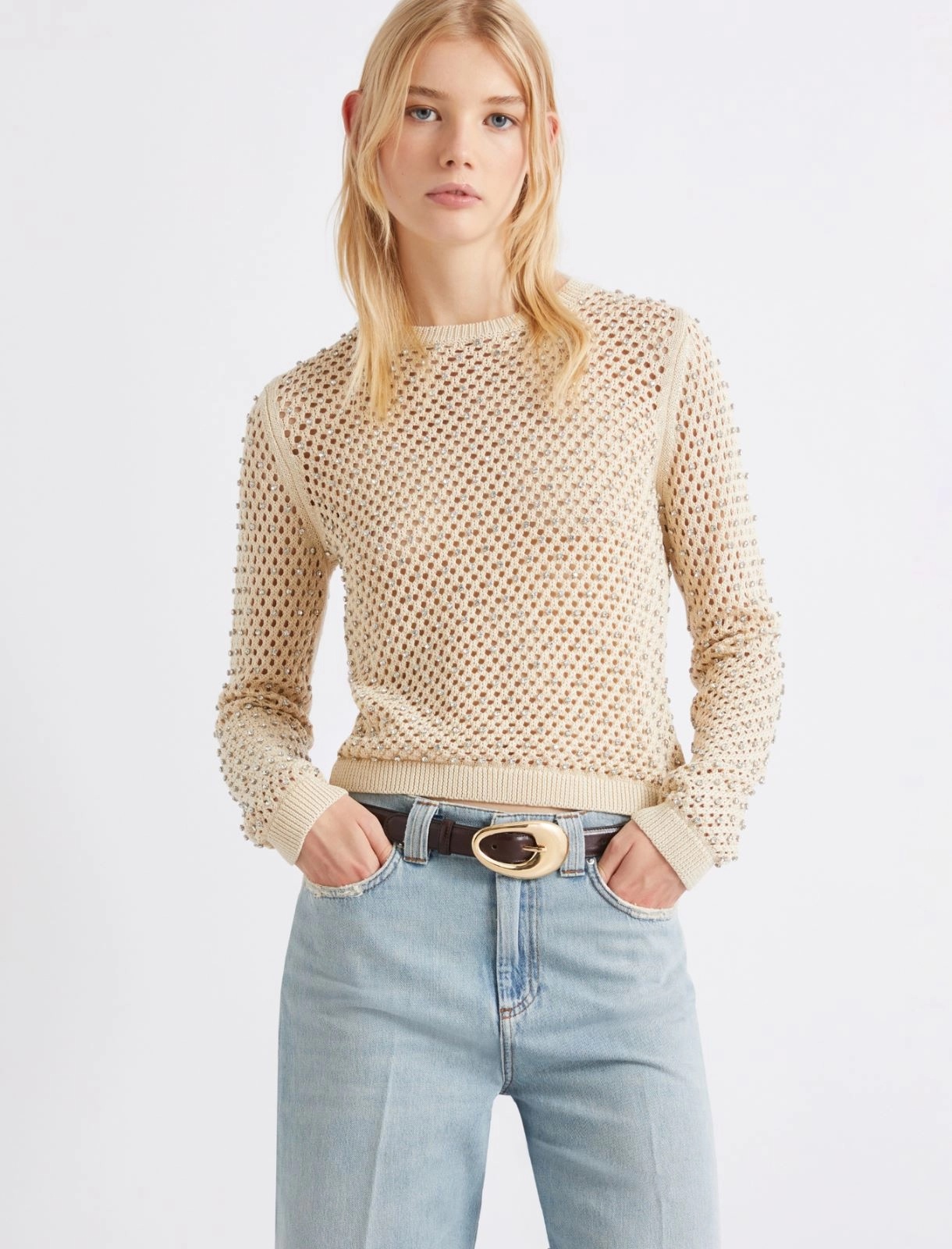 MARELLA - Mesh-knit Sweater with Rhinestone Detail