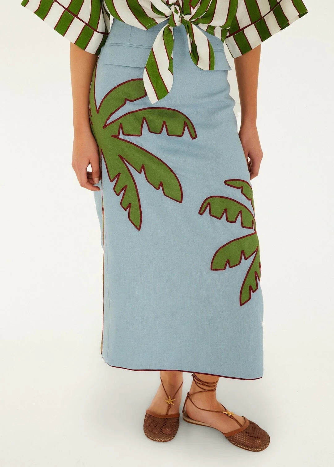 FARM RIO - Blue Embroidered Palm Tree Maxi Skirt