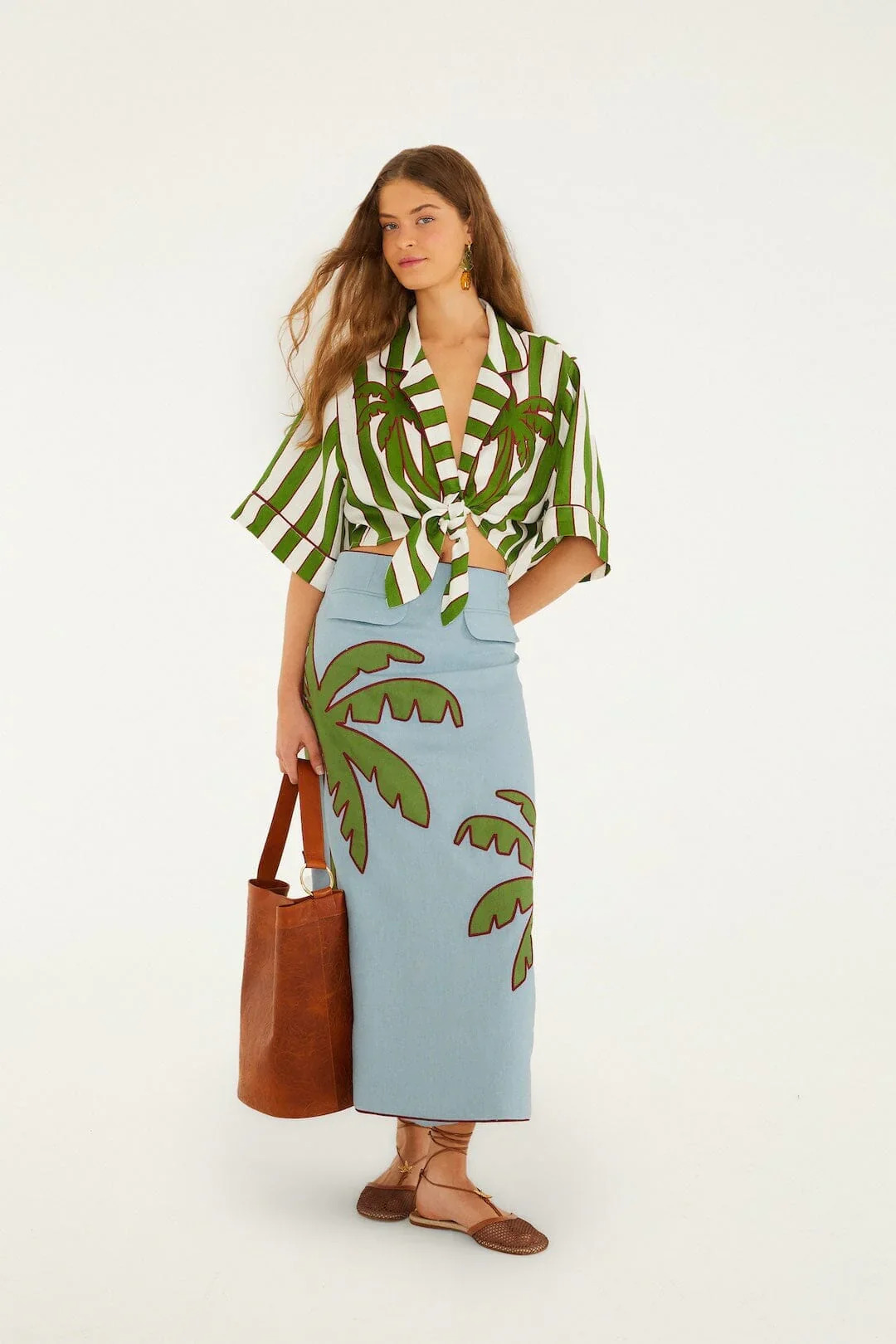 FARM RIO - Blue Embroidered Palm Tree Maxi Skirt
