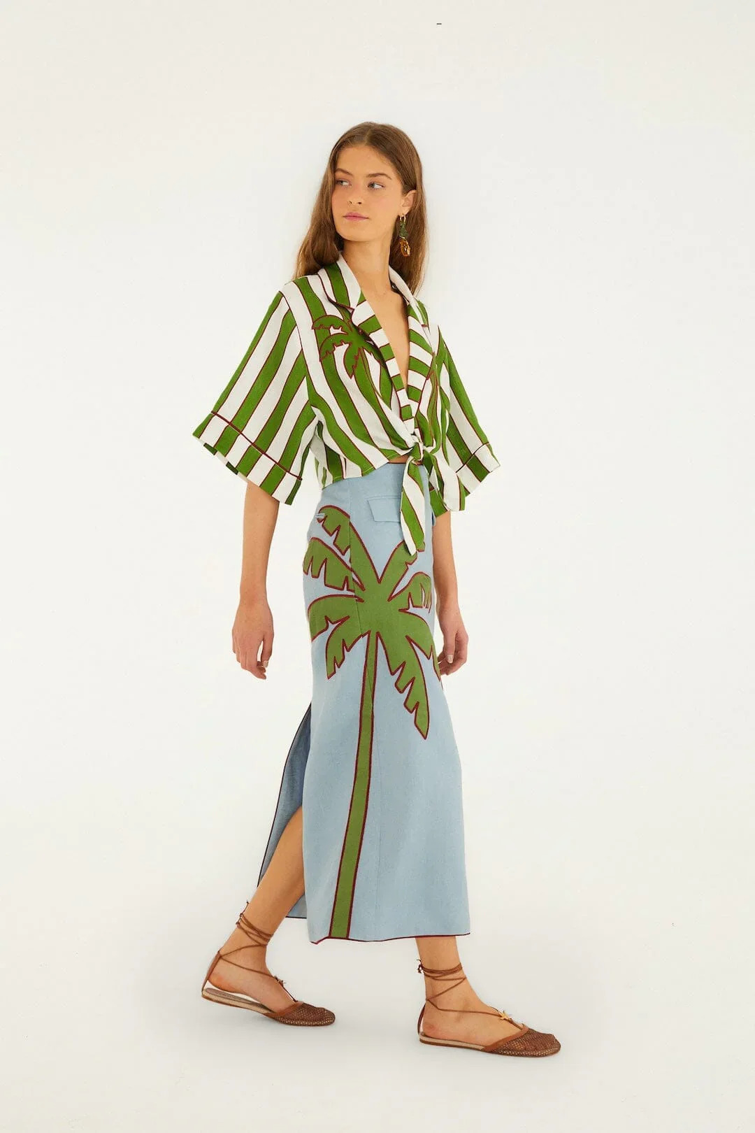FARM RIO - Blue Embroidered Palm Tree Maxi Skirt