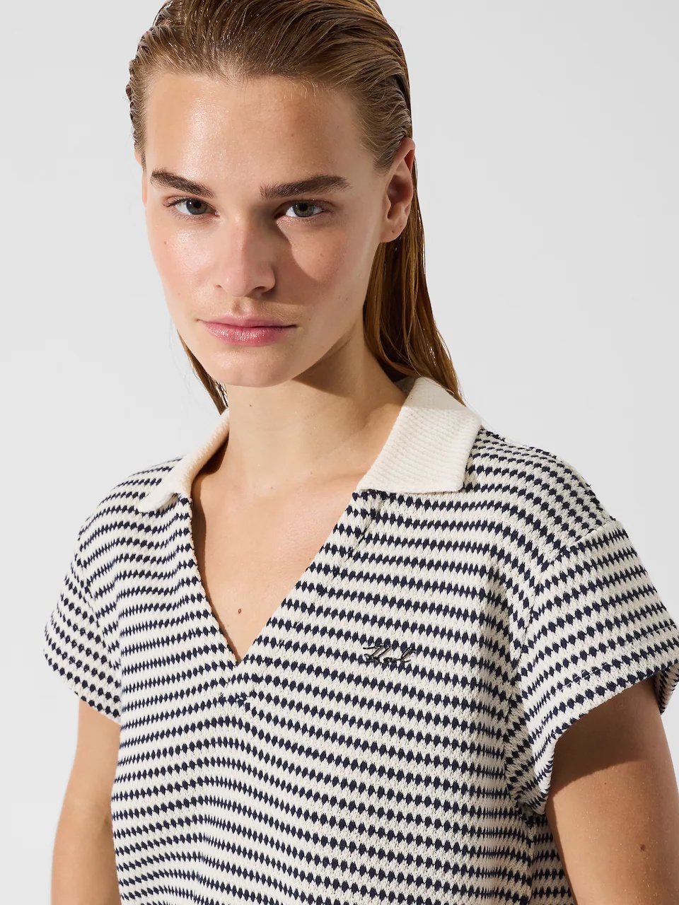 KARL LAGERFELD - Crochet Striped Polo Top