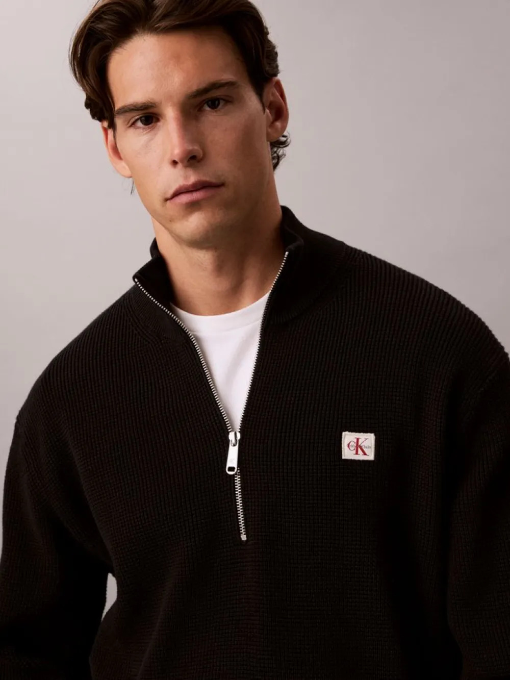 CALVIN KLEIN JEANS - Classic Cotton Waffle Hzip Sweater 9G